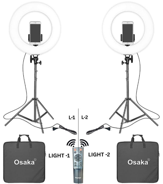 Two ring lights with stands and a remote control