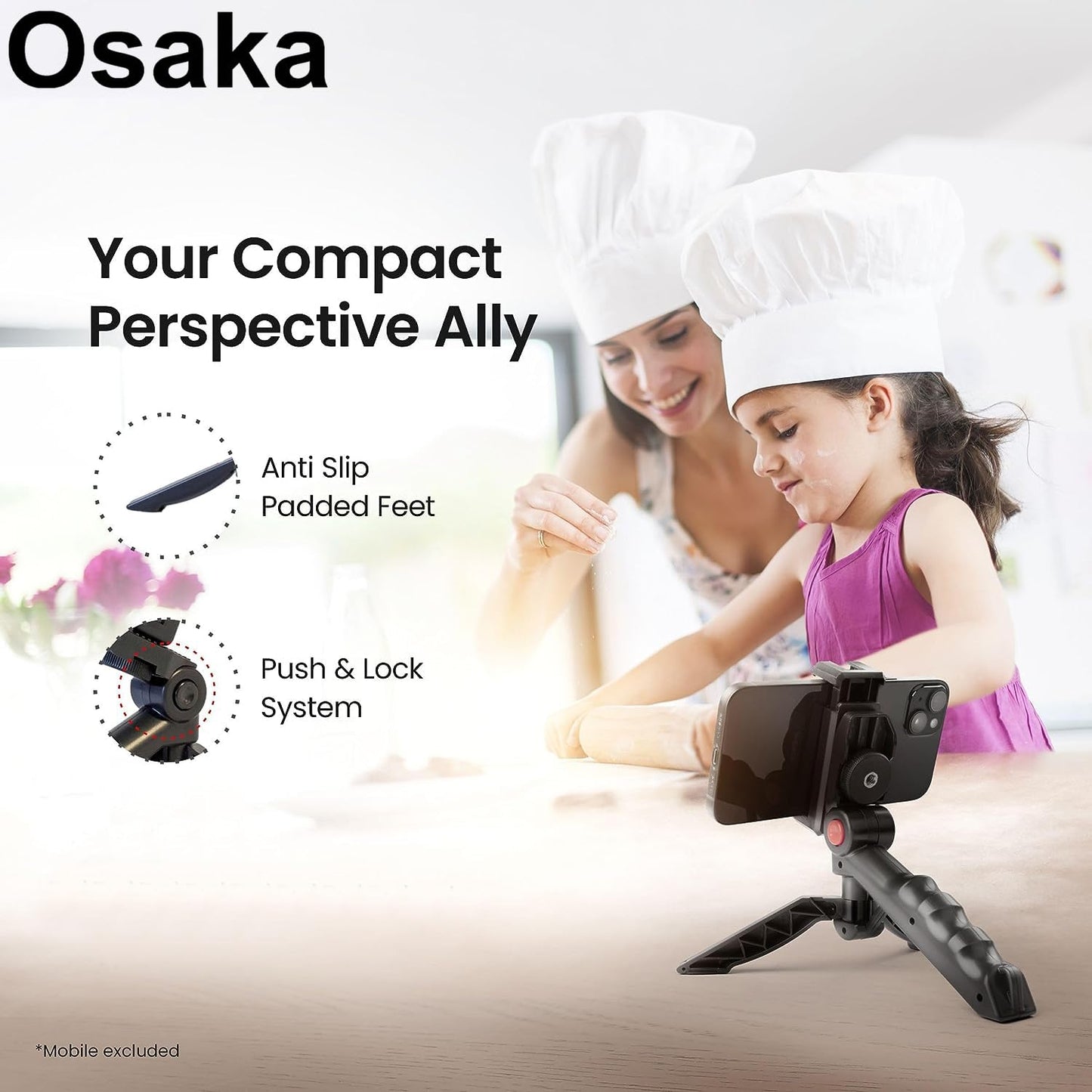 Osaka® Mini Table Top Tripod with Mobile Holder 180° Rotation, Anti-Slip Padded Feet, Push & Lock System - Compatible with GoCAM & Action Cameras