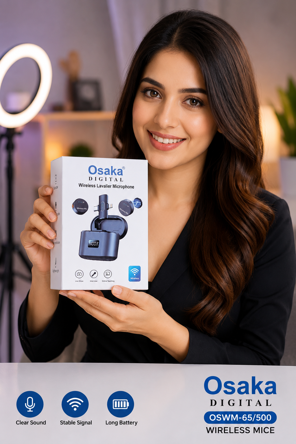 Osaka OSWM-65/500 Mic Wireless with Type-C & Lightning, Wireless Mic for YouTube Recording, 2.4GHz Wireless Microphone with Noise Cancellation, 40m Range, 6H Battery, Magnetic Clip
