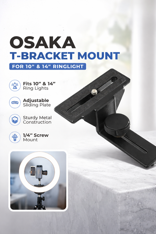 OSAKA T-Bracket mount for Osaka RL ring lights, heavy-duty metal mobile holder with adjustable T-shape support for photography and video.