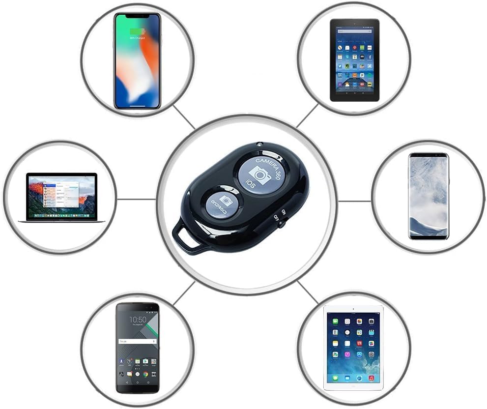 Bluetooth remote control surrounded by smartphone screens displaying different interfaces