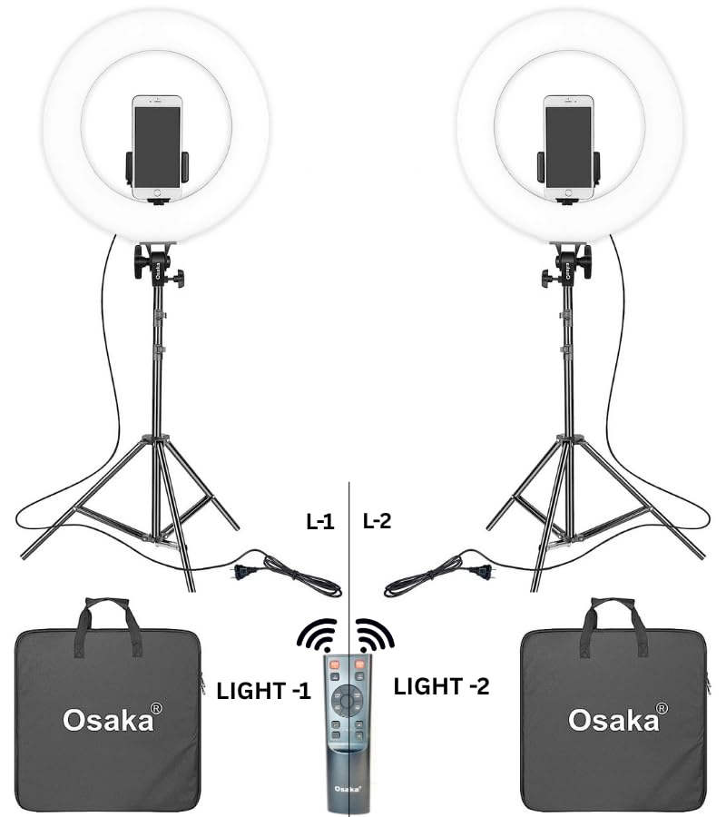 Two ring lights with stands and a remote control 