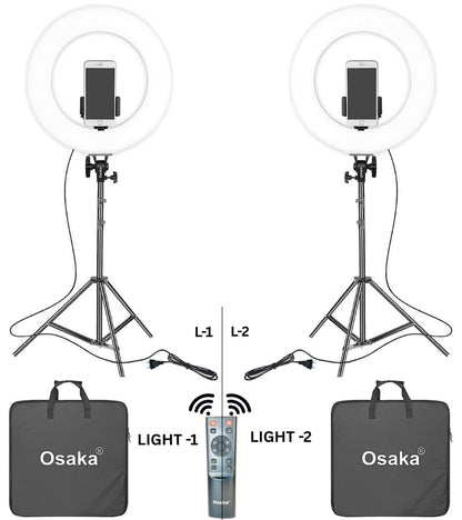 Two ring lights with stands and a remote control 