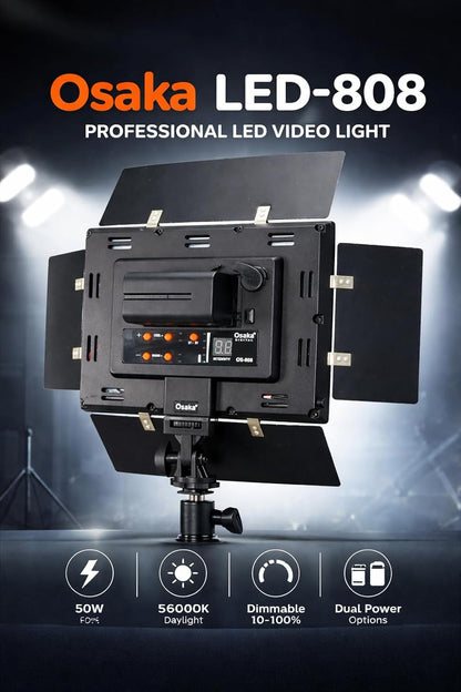Osaka OS-LED-808 Slim 2PC Kit All DSLR Video Cameras YouTube Video tiktok Photography Shooting with 2 Light Stand,2 Battery F750 8000mah,2 FastCharger,2ACAdapter 9V,2 PowerCable4mtr,2LedBag,1StandBag