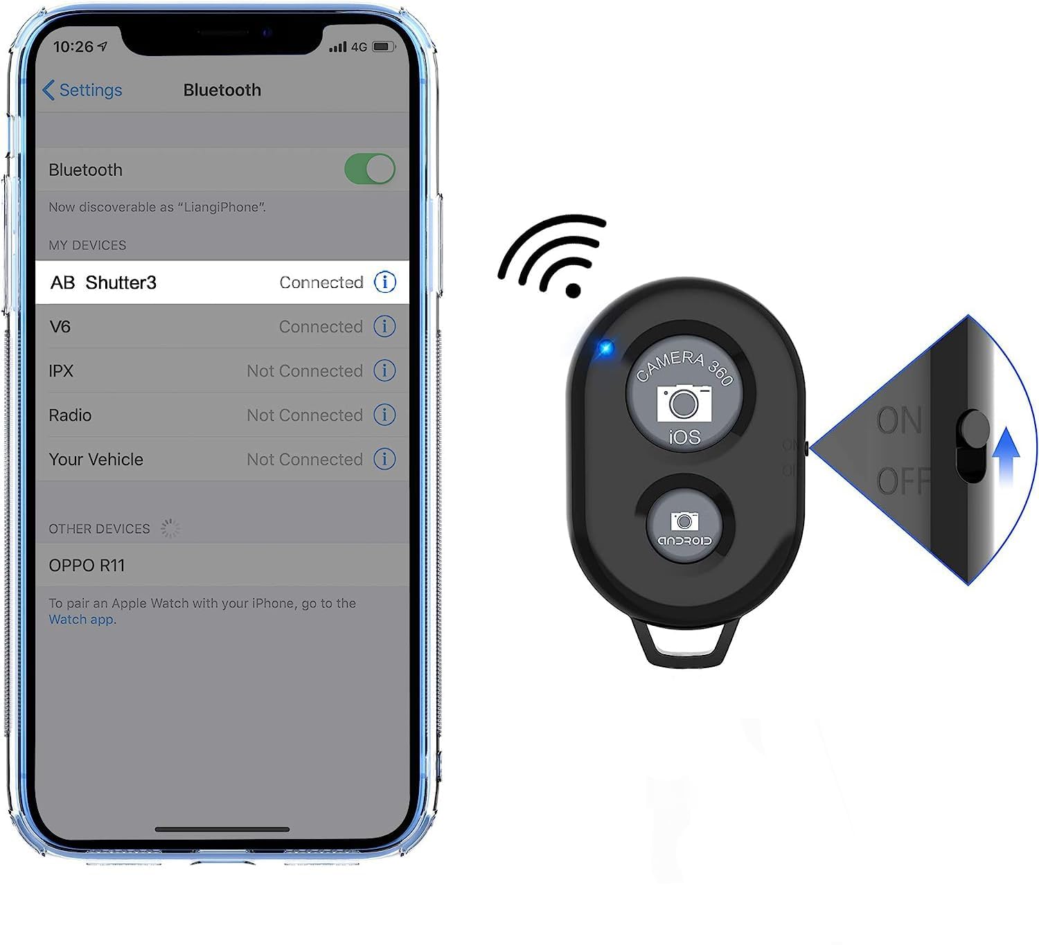Phone with Bluetooth settings open, remote control, and power symbol on a white background