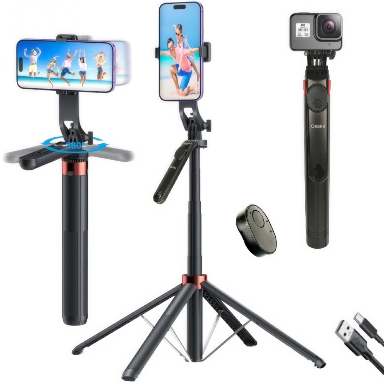 Osaka OS-180 selfie stick tripod with wireless remote, extendable, lightweight, 360° rotation for smartphones and vlogging.
