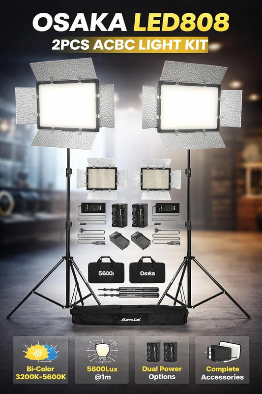 Osaka OS-LED-808 Slim 2PC Kit All DSLR Video Cameras YouTube Video tiktok Photography Shooting with 2 Light Stand,2 Battery F750 8000mah,2 FastCharger,2ACAdapter 9V,2 PowerCable4mtr,2LedBag,1StandBag