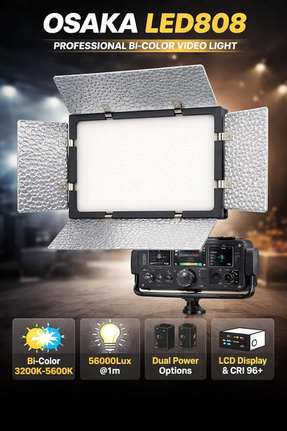 Osaka OS-LED-808 Slim 2PC Kit All DSLR Video Cameras YouTube Video tiktok Photography Shooting with 2 Light Stand,2 Battery F750 8000mah,2 FastCharger,2ACAdapter 9V,2 PowerCable4mtr,2LedBag,1StandBag