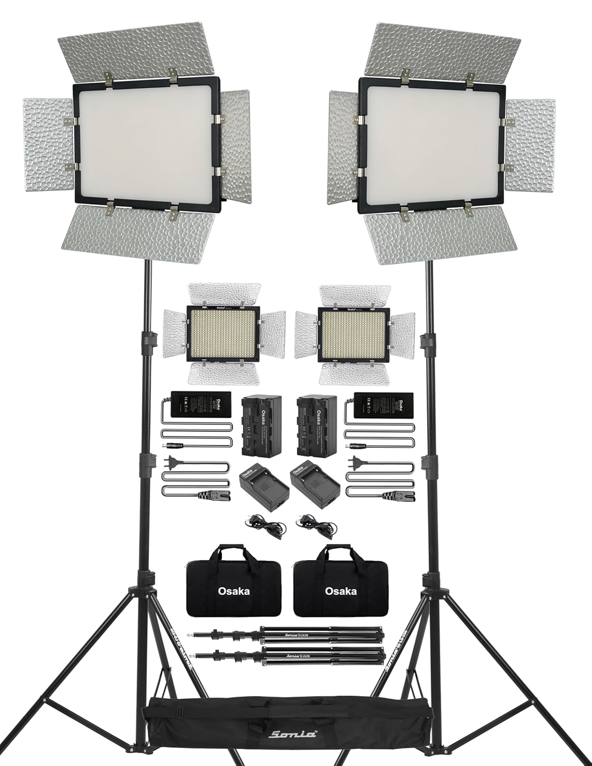 Osaka OS-LED-808 Slim 2PC Kit All DSLR Video Cameras YouTube Video tiktok Photography Shooting with 2 Light Stand,2 Battery F750 8000mah,2 FastCharger,2ACAdapter 9V,2 PowerCable4mtr,2LedBag,1StandBag