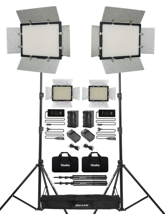 Osaka OS-LED-808 Slim 2PC Kit All DSLR Video Cameras YouTube Video tiktok Photography Shooting with 2 Light Stand,2 Battery F750 8000mah,2 FastCharger,2ACAdapter 9V,2 PowerCable4mtr,2LedBag,1StandBag