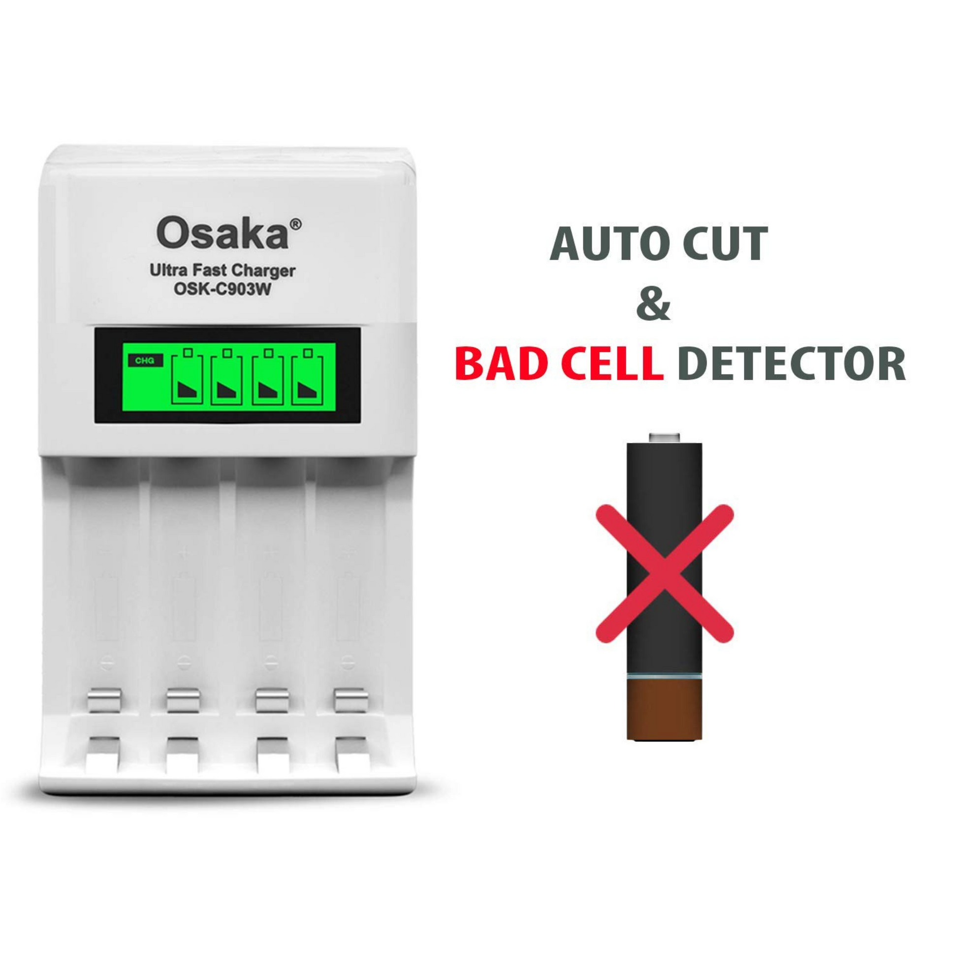 OSAKA HR06 3000mAh AA Ni-Mh Rechargeable Batteries 4 Pieces with OSK-C903W Battery Charger Set - OSAKATEK