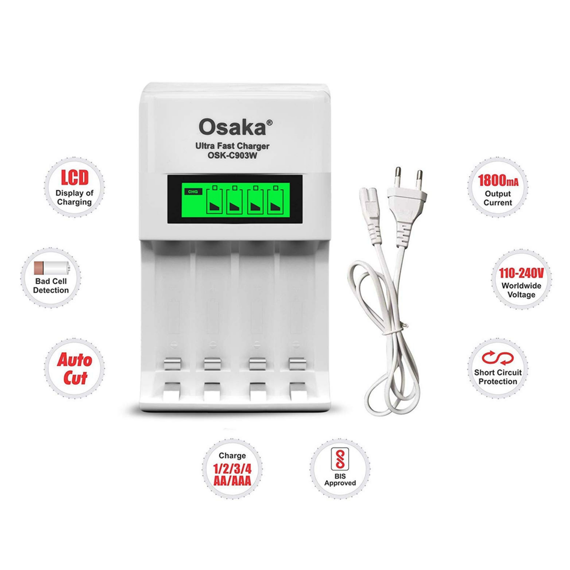 OSAKA HR06 3000mAh AA Ni-Mh Rechargeable Batteries 4 Pieces with OSK-C903W Battery Charger Set - OSAKATEK