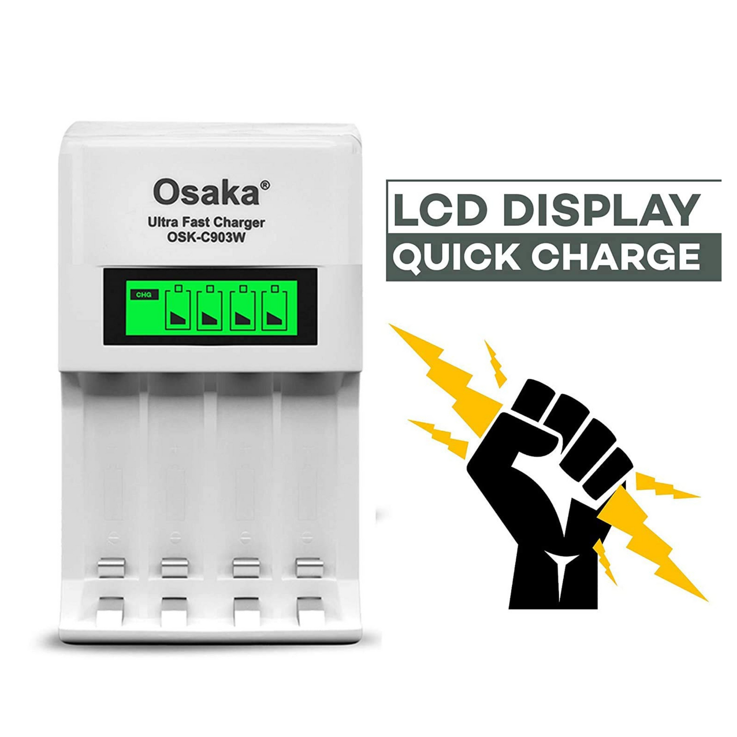 Osaka Ultra Fast Charger OSK-C903W LCD Charger for AA and AAA Ni-mh Rechargeable Batteries (White) - OSAKATEK
