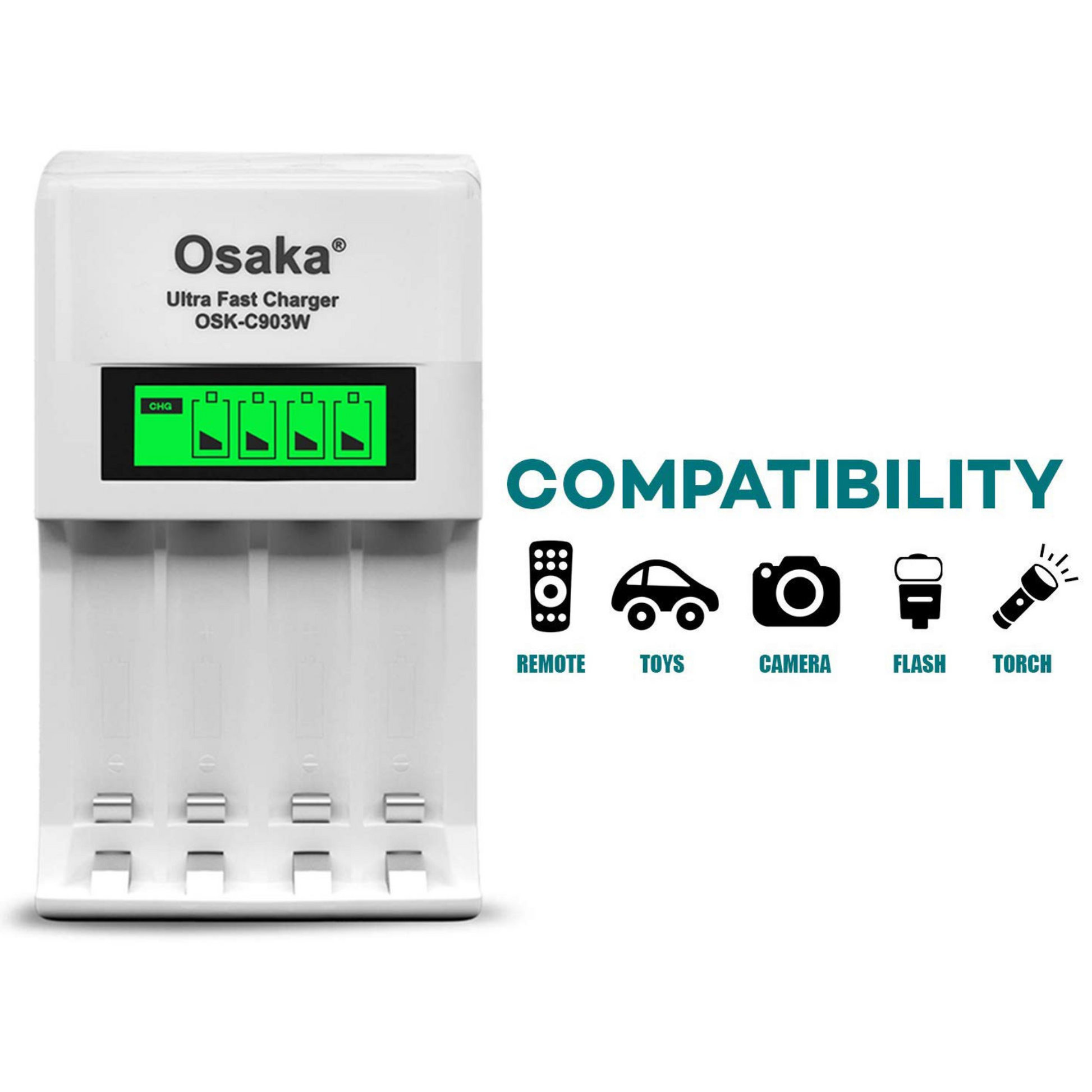 Osaka Ultra Fast Charger OSK-C903W LCD Charger for AA and AAA Ni-mh Rechargeable Batteries (White) - OSAKATEK