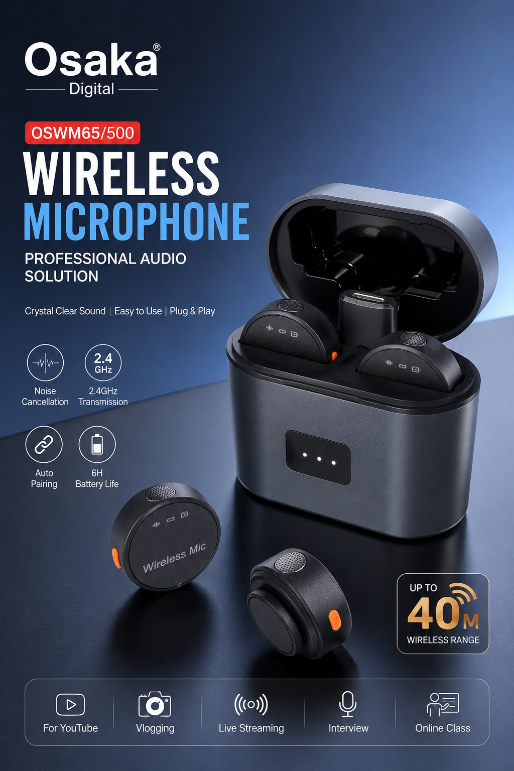 Osaka OSWM-65/500 Mic Wireless with Type-C & Lightning, Wireless Mic for YouTube Recording, 2.4GHz Wireless Microphone with Noise Cancellation, 40m Range, 6H Battery, Magnetic Clip