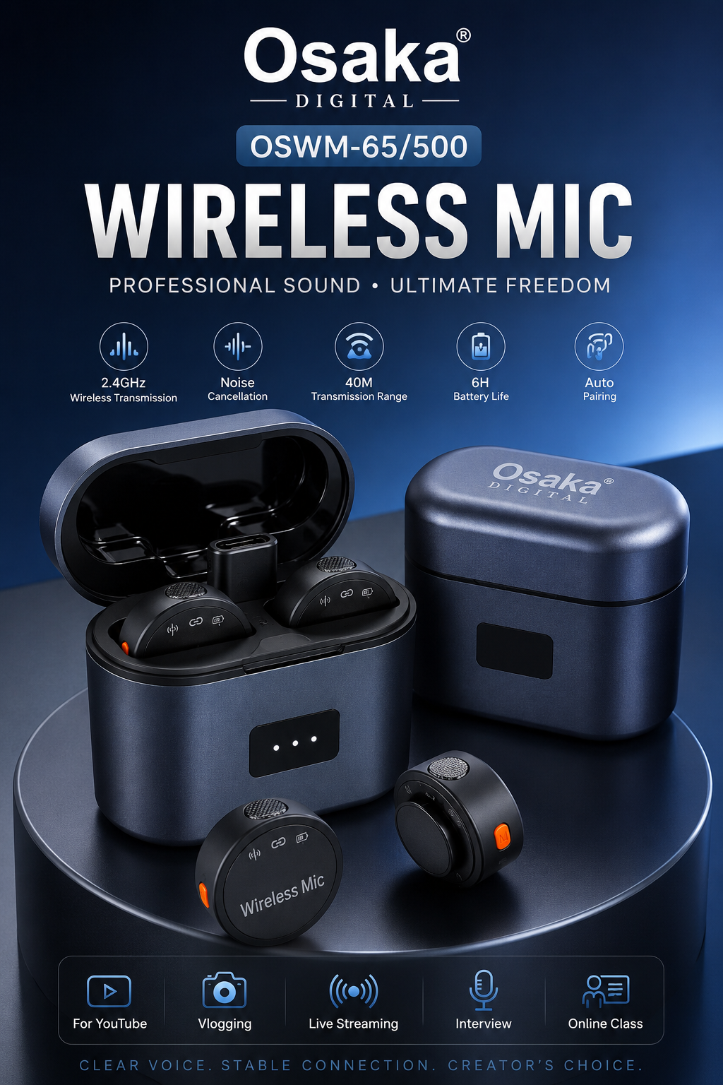 Osaka OSWM-65/500 Mic Wireless with Type-C & Lightning, Wireless Mic for YouTube Recording, 2.4GHz Wireless Microphone with Noise Cancellation, 40m Range, 6H Battery, Magnetic Clip