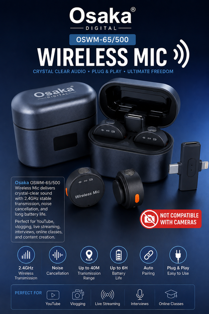 Osaka OSWM-65/500 Mic Wireless with Type-C & Lightning, Wireless Mic for YouTube Recording, 2.4GHz Wireless Microphone with Noise Cancellation, 40m Range, 6H Battery, Magnetic Clip