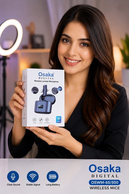 Osaka OSWM-65/500 Mic Wireless with Type-C & Lightning, Wireless Mic for YouTube Recording, 2.4GHz Wireless Microphone with Noise Cancellation, 40m Range, 6H Battery, Magnetic Clip