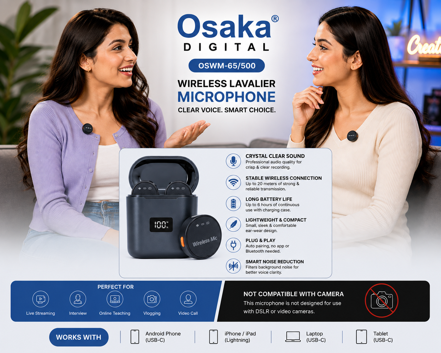 Osaka OSWM-65/500 Mic Wireless with Type-C & Lightning, Wireless Mic for YouTube Recording, 2.4GHz Wireless Microphone with Noise Cancellation, 40m Range, 6H Battery, Magnetic Clip
