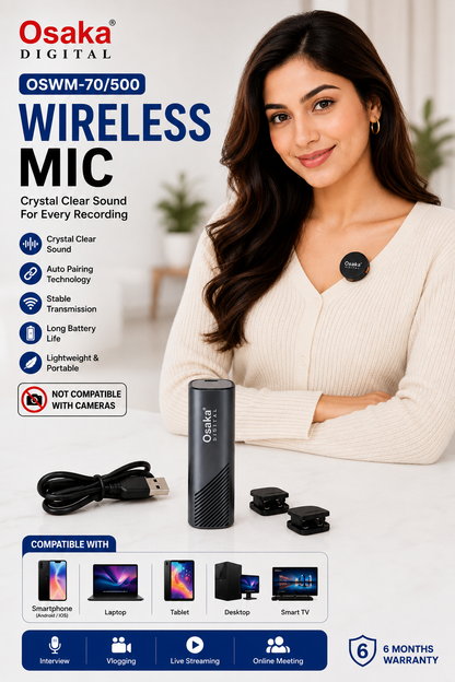 Osaka OSWM-70/500 (2 in 1) Mic for YouTube Wireless, 3-Level Adjustable Noise Reduction Mic Wireless Microphone for Youtubers with LED Indicator Light (Single Channel Type-C Port Version)