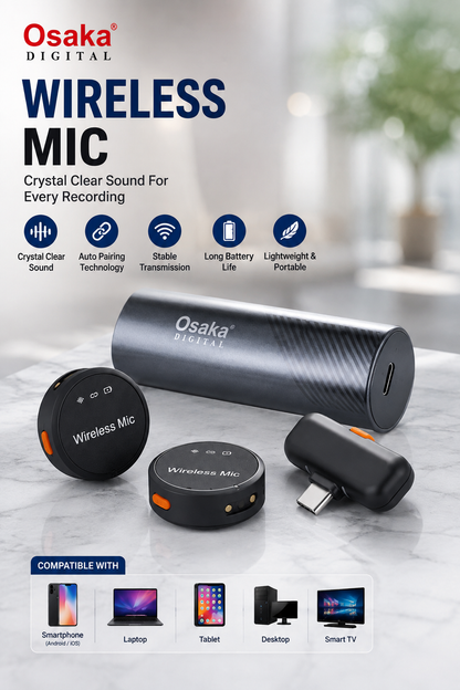 Osaka OSWM-70/500 (2 in 1) Mic for YouTube Wireless, 3-Level Adjustable Noise Reduction Mic Wireless Microphone for Youtubers with LED Indicator Light (Single Channel Type-C Port Version)