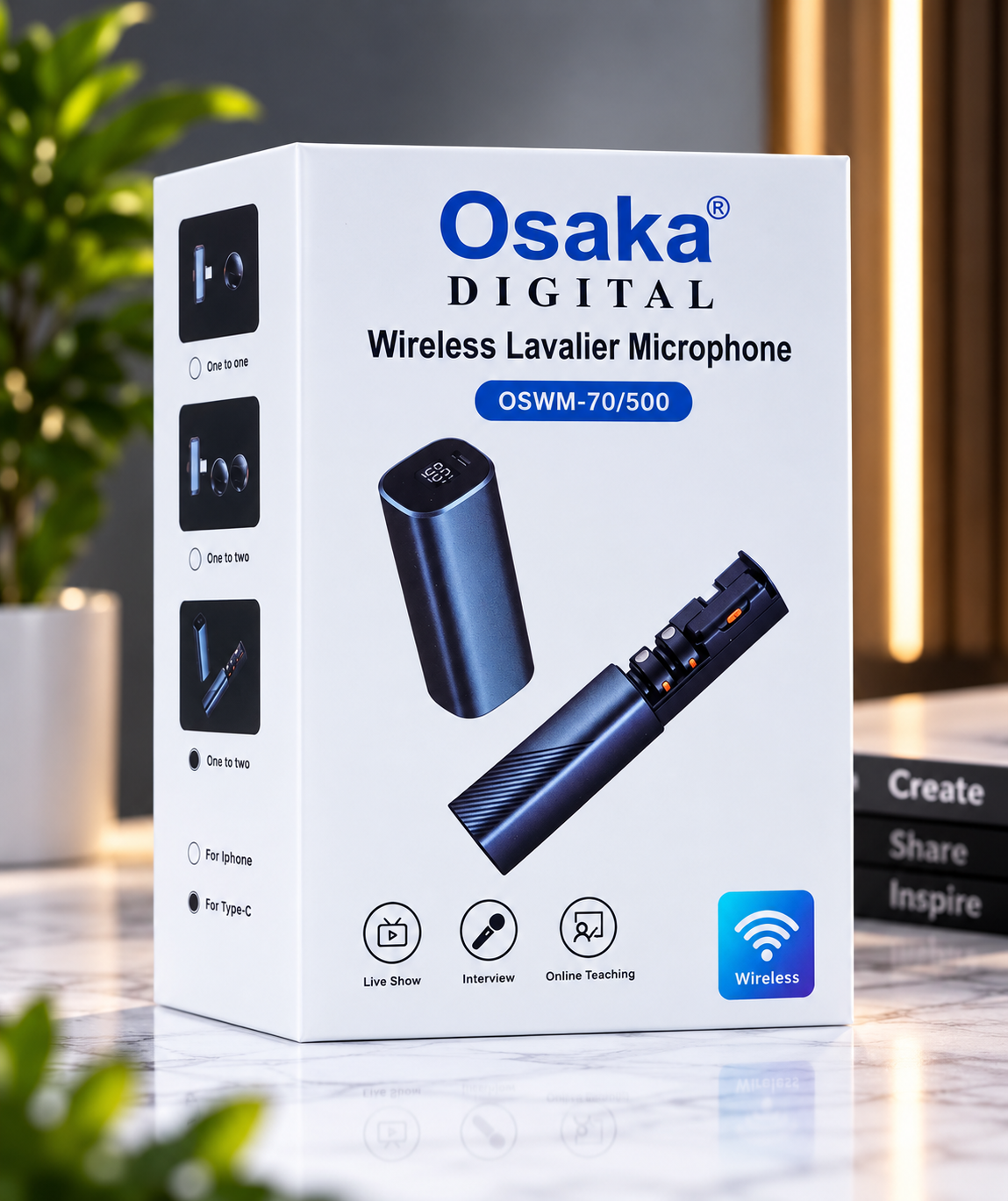 Osaka OSWM-70/500 (2 in 1) Mic for YouTube Wireless, 3-Level Adjustable Noise Reduction Mic Wireless Microphone for Youtubers with LED Indicator Light (Single Channel Type-C Port Version)