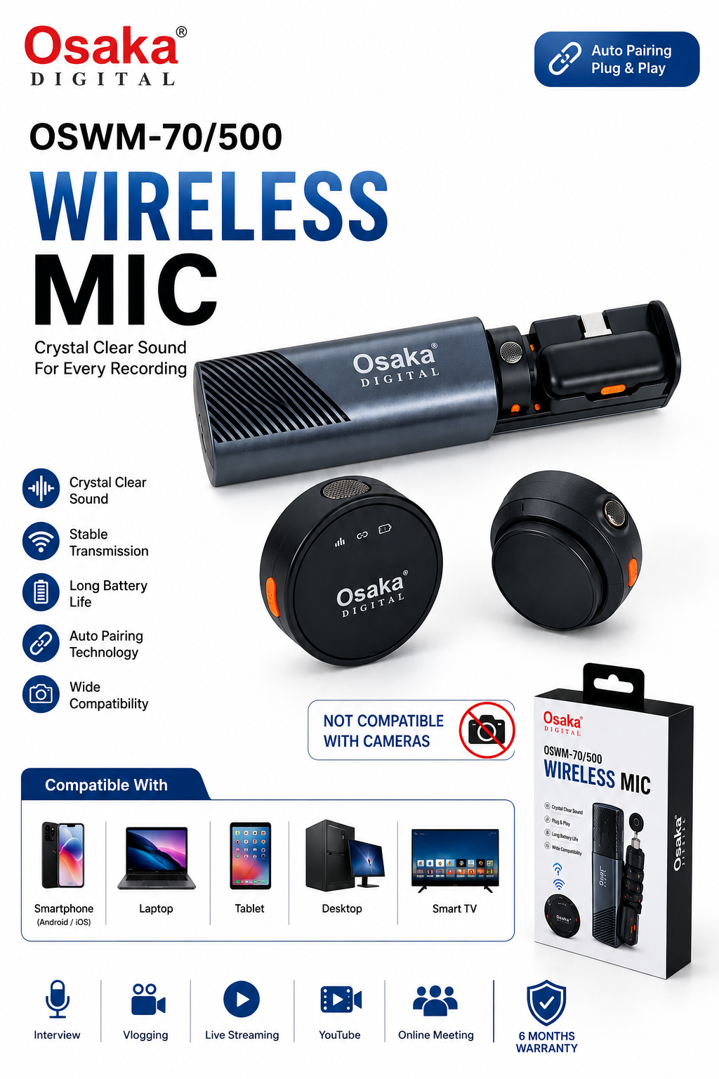 Osaka OSWM-70/500 (2 in 1) Mic for YouTube Wireless, 3-Level Adjustable Noise Reduction Mic Wireless Microphone for Youtubers with LED Indicator Light (Single Channel Type-C Port Version)