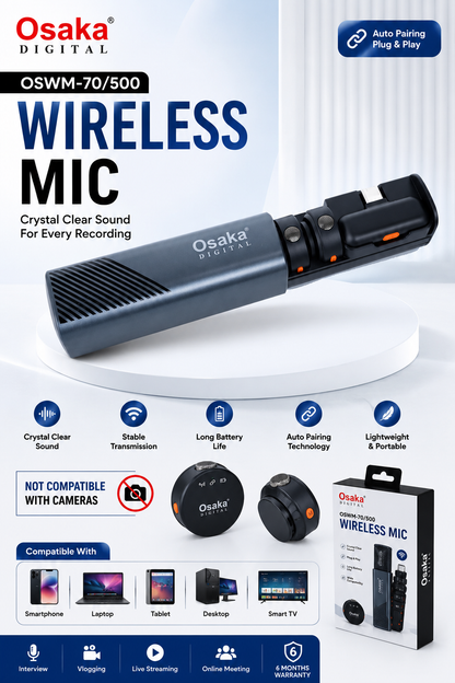 Osaka OSWM-70/500 (2 in 1) Mic for YouTube Wireless, 3-Level Adjustable Noise Reduction Mic Wireless Microphone for Youtubers with LED Indicator Light (Single Channel Type-C Port Version)