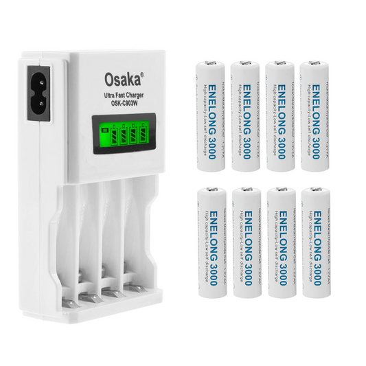 OSAKA HR06 3000mAh AA Ni-Mh Rechargeable Batteries 8 Pieces with OSK-C903W Battery Charger Set - OSAKATEK