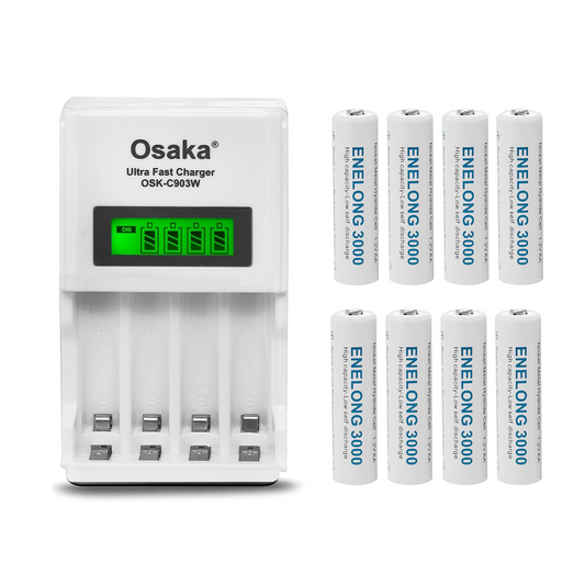 OSAKA HR06 3000mAh AA Ni-Mh Rechargeable Batteries 8 Pieces with OSK-C903W Battery Charger Set - OSAKATEK