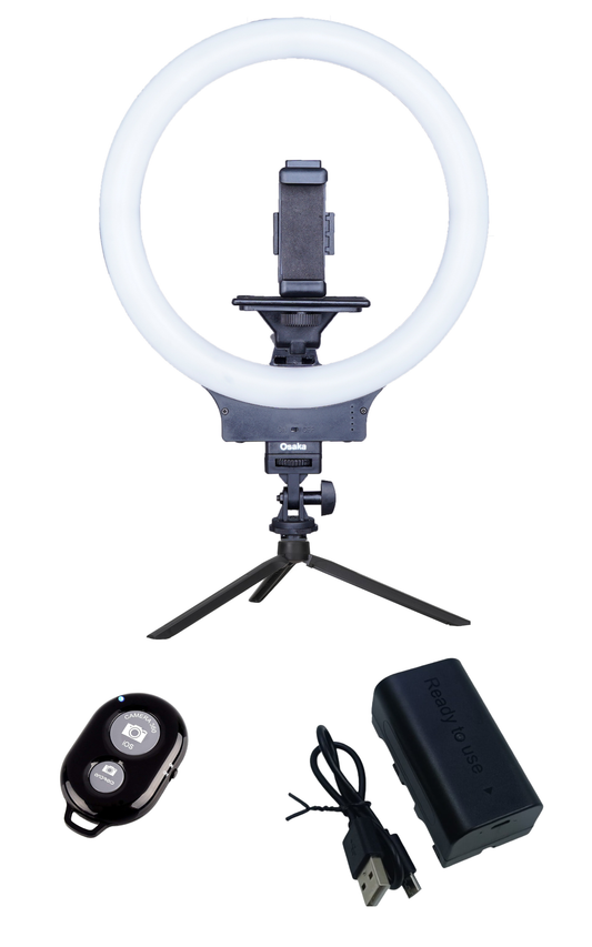 Osaka OS-Wireless Ring Light with Rechargeable Battery NP-550 and Table Tripod, Bluetooth Remote | Professional Wireless LED Ring Light for Makeup, Video, Photography, YouTube, TikTok |