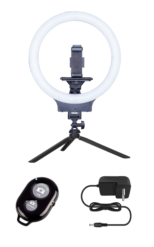 Osaka  Wireless Ring Light with 9V AC-Adapter and Table Tripod, Bluetooth Shutter| LED Dimmable Ringlight for Photography, Makeup, Live Streaming, YouTube & TikTok Videos