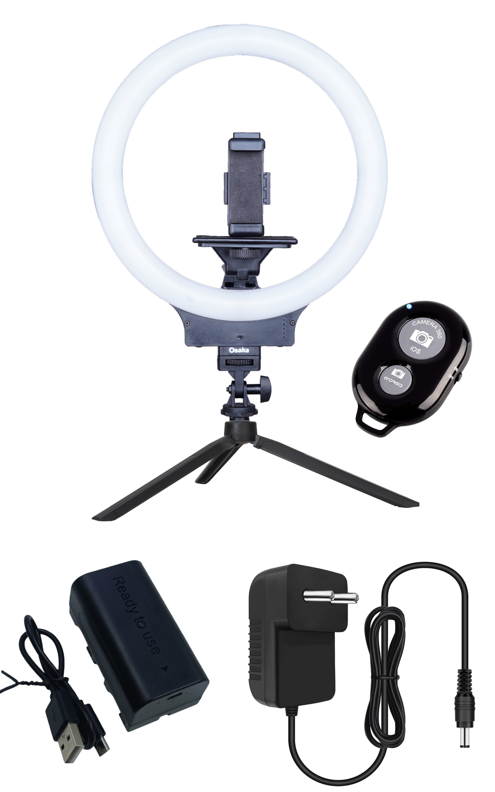 OSAKA wireless LED ring light with tripod, Bluetooth shutter, AC adapter, and USB battery for photography, video, and live streaming.