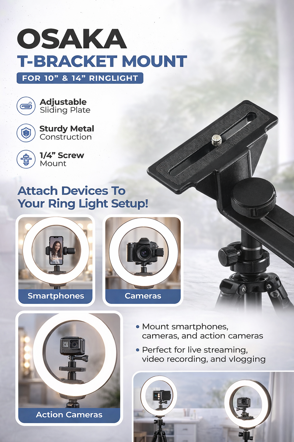 Osaka heavy-duty T-bracket mount for Osaka RL ring lights, adjustable metal support for studio lighting and mobile photography.