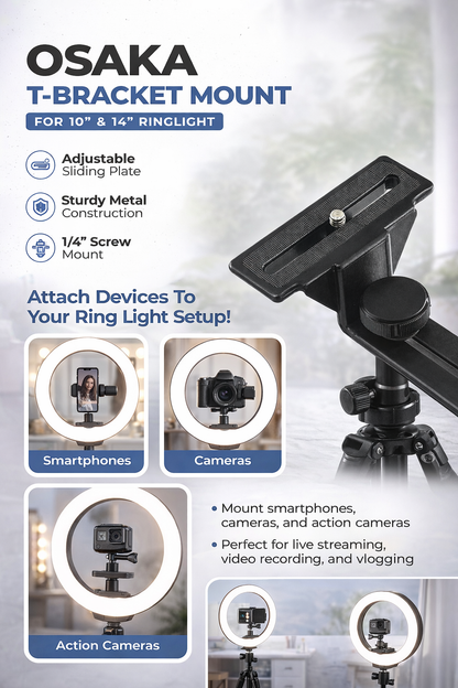 Osaka heavy-duty T-bracket mount for Osaka RL ring lights, adjustable metal support for studio lighting and mobile photography.