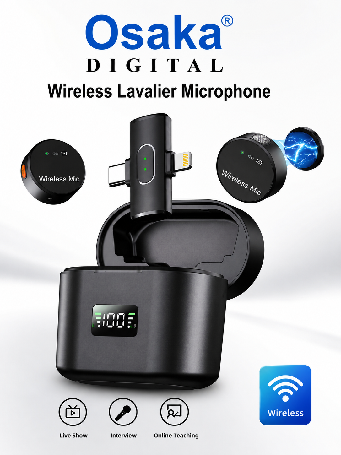Osaka OSWM-65/500 Mic Wireless with Type-C & Lightning, Wireless Mic for YouTube Recording, 2.4GHz Wireless Microphone with Noise Cancellation, 40m Range, 6H Battery, Magnetic Clip