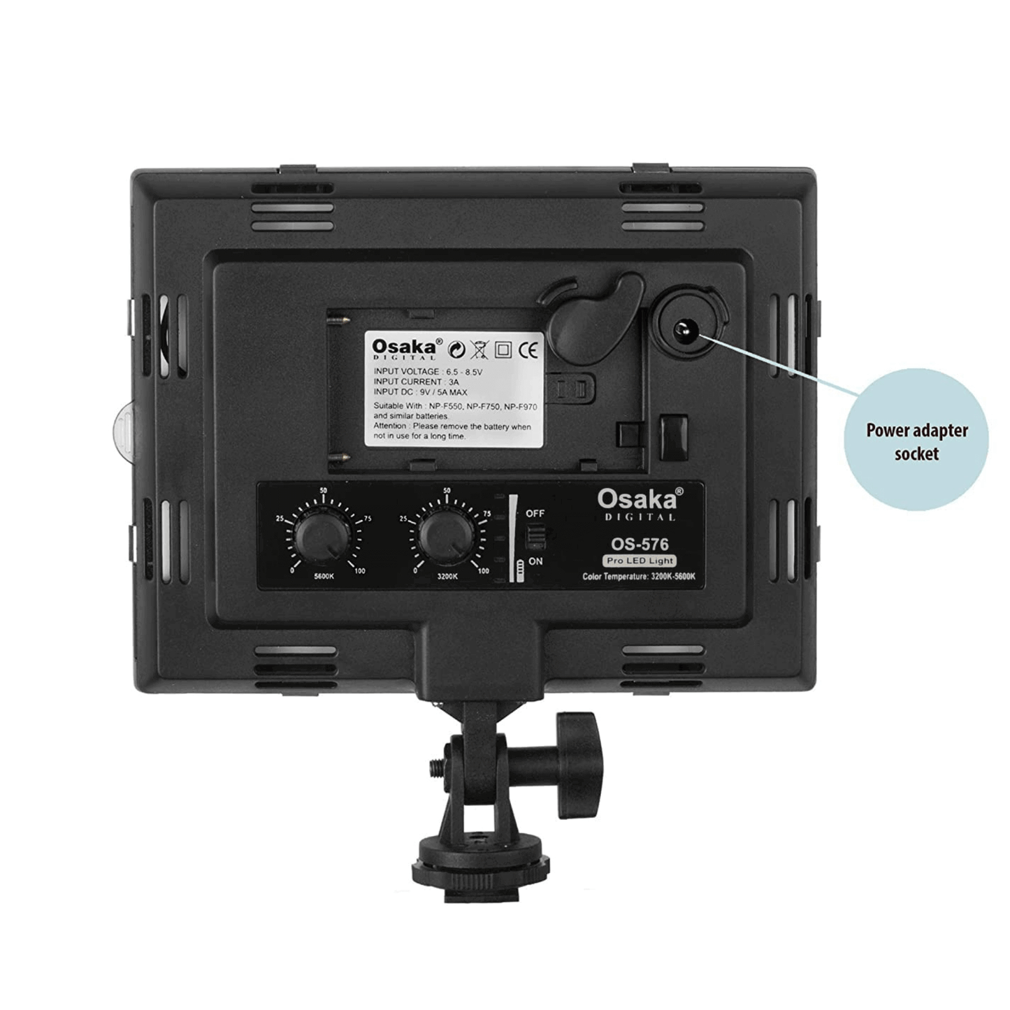 Osaka Bi-Color Dimmable LED Video Light OS 576 Slim for DSLR Camera YouTube Video Shooting with 1 Pc Combo kit: 1 Battery 8000 mAh; 1 Fast Charger; 1 AC Adapter; 1 Light Stand; 1 LED Bag; 1 Stand Bag - OSAKATEK