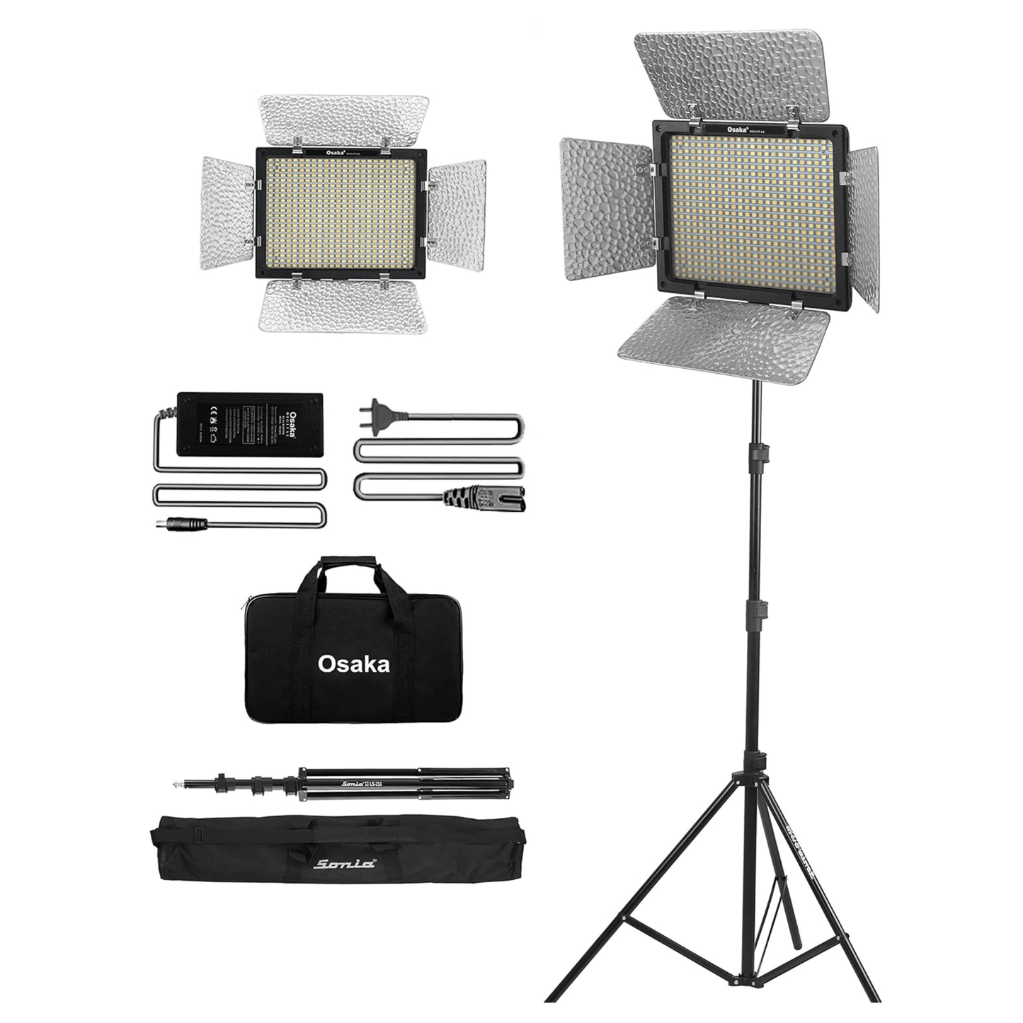 Osaka Bi-Color Dimmable LED Video Light OS 576 Slim 1 Pc Combo kit for All DSLR Camera Video Cameras & Youtube video shooting; 1 AC/DC Adapter; 1 Light Stand 9 Feet; 1 Stand Bag; 1 LED light Carry bag - OSAKATEK