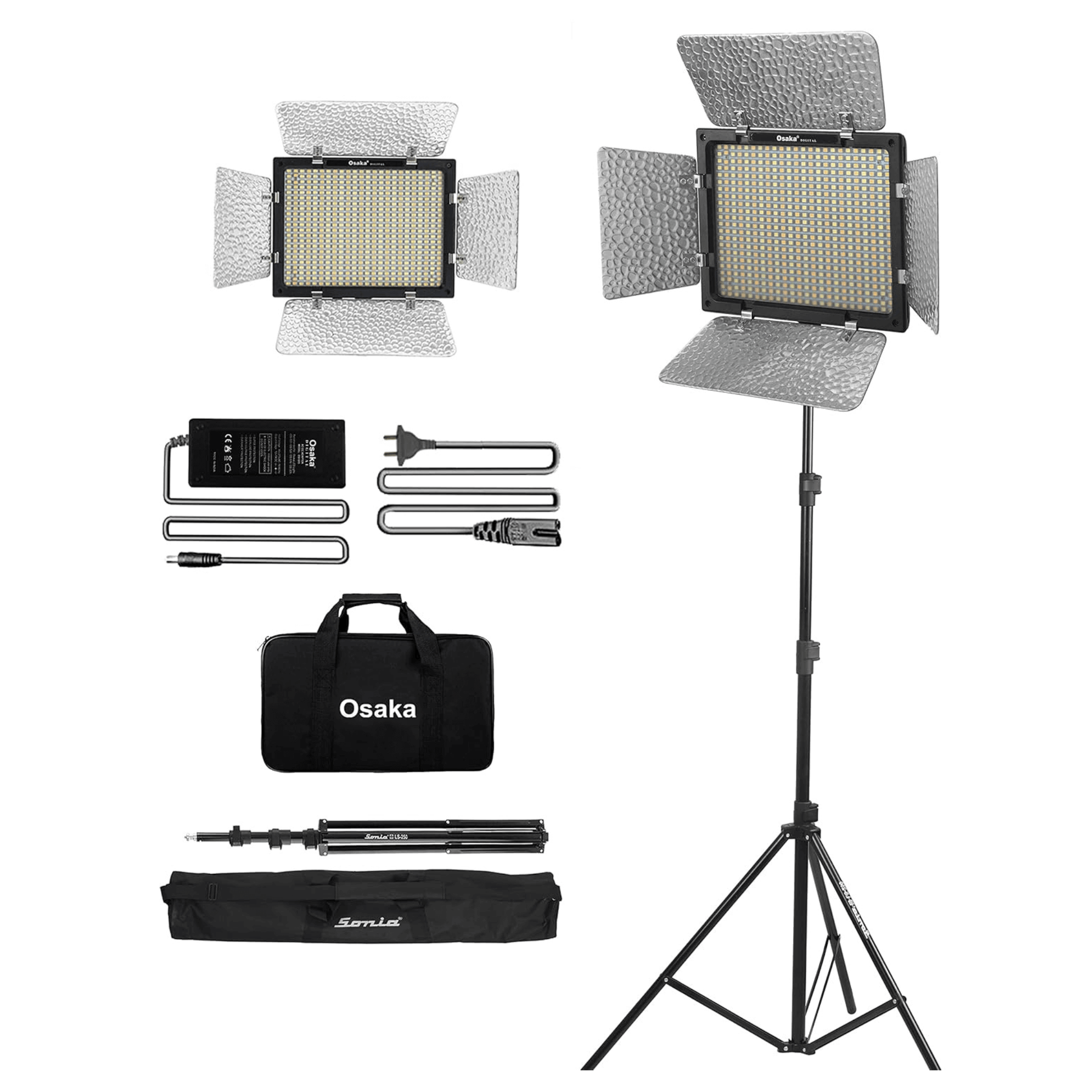Osaka Bi-Color Dimmable LED Video Light OS 576 Slim 1 Pc Combo kit for All DSLR Camera Video Cameras & Youtube video shooting; 1 AC/DC Adapter; 1 Light Stand 9 Feet; 1 Stand Bag; 1 LED light Carry bag - OSAKATEK