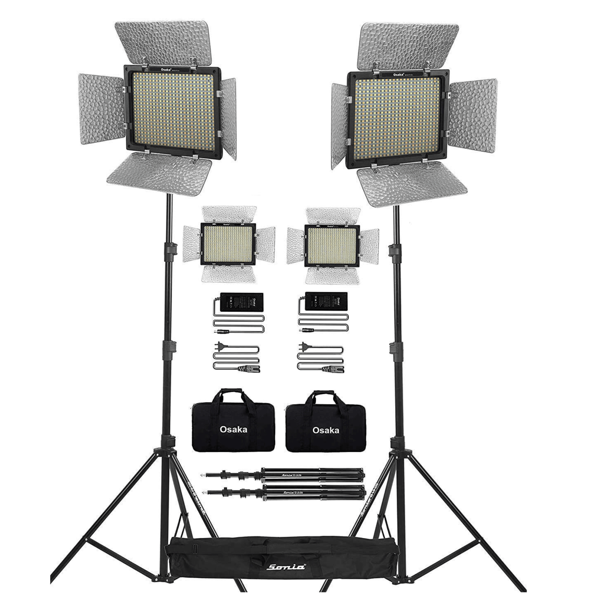 Osaka Bi-Color Dimmable LED Video Light OS 576 Slim for All DSLR Cameras Video Cameras YouTube Video Shooting 2 Pc Combo kit: 2 AC/DC Adapter; 2 Light Stand 9 Feet; 2 LED Bag; 1 Stand Bag - OSAKATEK