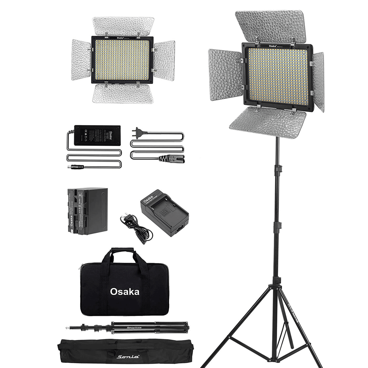 Osaka Bi-Color Dimmable LED Video Light OS 576 Slim for DSLR Camera YouTube Video Shooting with 1 Pc Combo kit: 1 Battery 8000 mAh; 1 Fast Charger; 1 AC Adapter; 1 Light Stand; 1 LED Bag; 1 Stand Bag - OSAKATEK