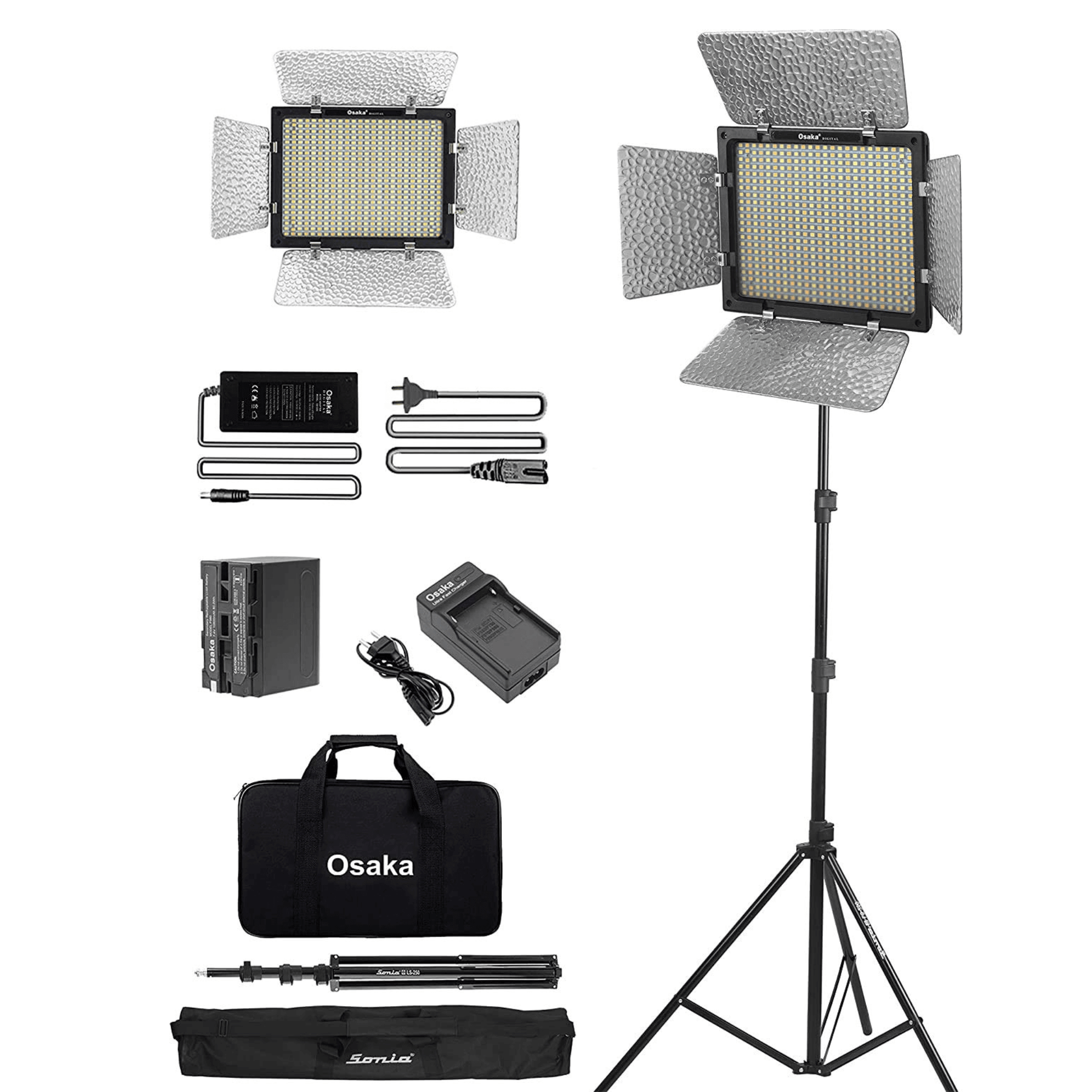 Osaka Bi-Color Dimmable LED Video Light OS 576 Slim for DSLR Camera YouTube Video Shooting with 1 Pc Combo kit: 1 Battery 8000 mAh; 1 Fast Charger; 1 AC Adapter; 1 Light Stand; 1 LED Bag; 1 Stand Bag - OSAKATEK